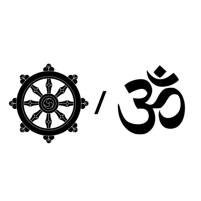 Dharma Wheel (dharmachakra; left) and the Hindu symbol of the Om (Aum; right).