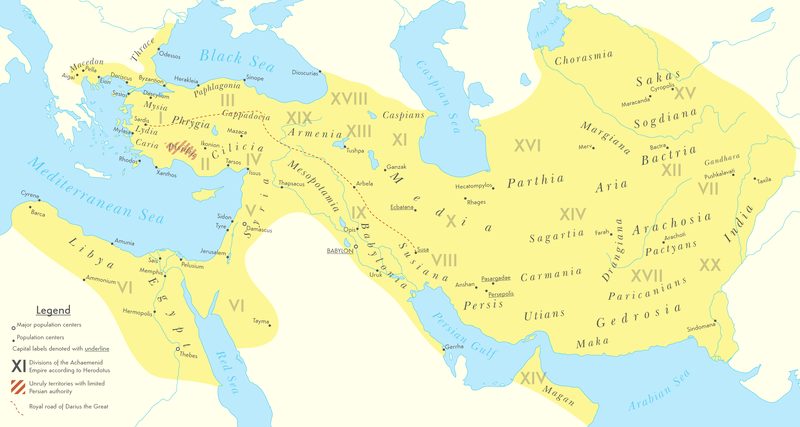 The Achaemenid Empire at its greatest territorial extent, under the rule of Darius the Great (522–486 BCE).
