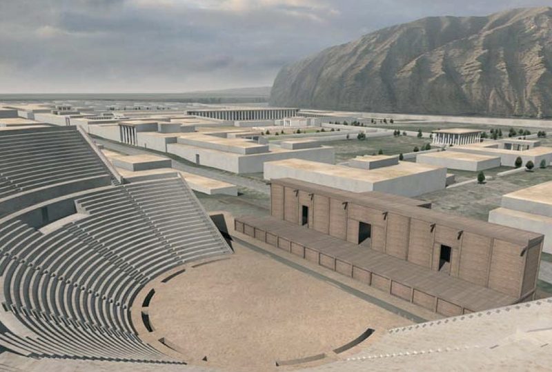 Ai-Khanoum: Restored 3D view of the city with, in the foreground, the theater featuring a wooden stage building. 3D reconstruction by O. Nishizawa (NHK-TAISEI).