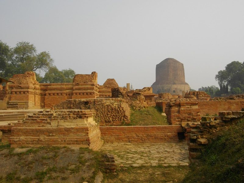 Ancient Buddhist monasteries near Dhamekh Stupa Monument Site in Sarnath.