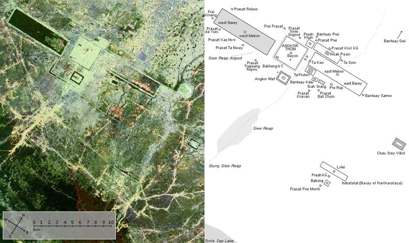 A satellite image and a map of Angkor.