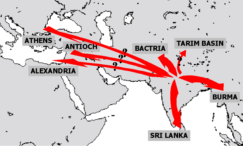 Map of the Buddhist missions in Asia during the reign of Ashoka (broader view).