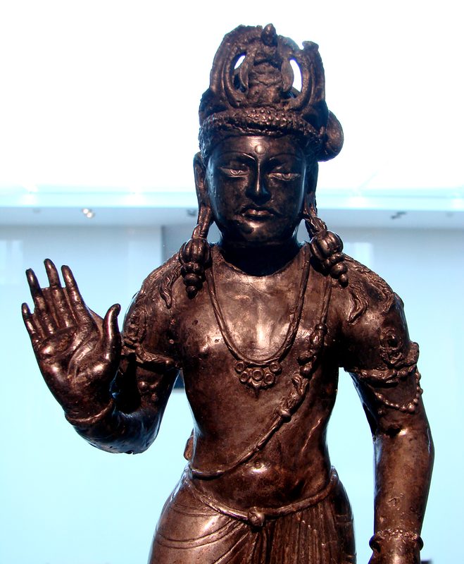 Bronze statue of Avalokiteśvara Bodhisattva, with fearlessness mudrā, 3rd century CE, Gandhāra.
