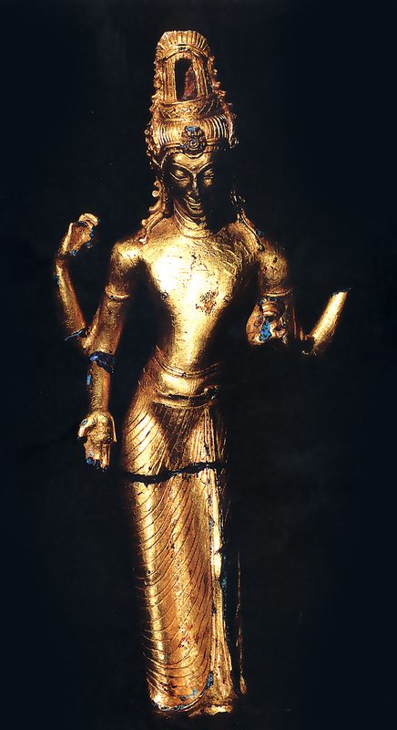 The graceful gold coated bronze statue of four handed Avalokiteçvara in Malayu-Srivijayan style c. 11th century, discovered at Rataukapastuo, Jambi, Indonesia.