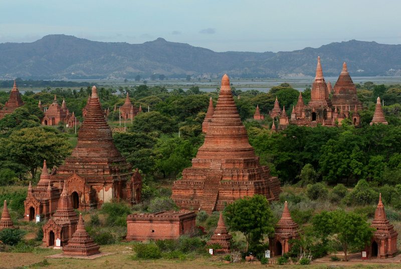 Areal view of Bagan, Myanmar, showing the temples and stupas that dot the landscape.