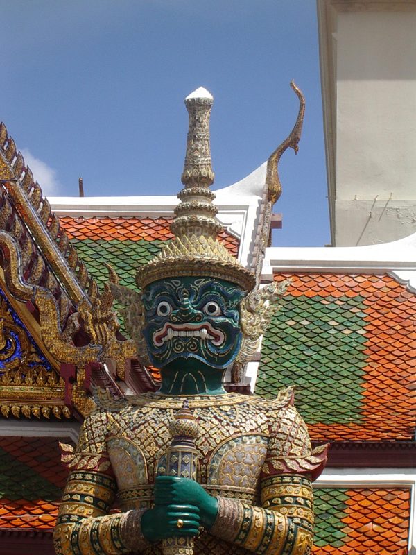Thotsakhirithon, one of twelve giant demons (Yaksha), characters from the Thai Ramakian (or Ramayana) epic, guarding the south-western gate of Wat Phra Kaeo to the Grand Palace.