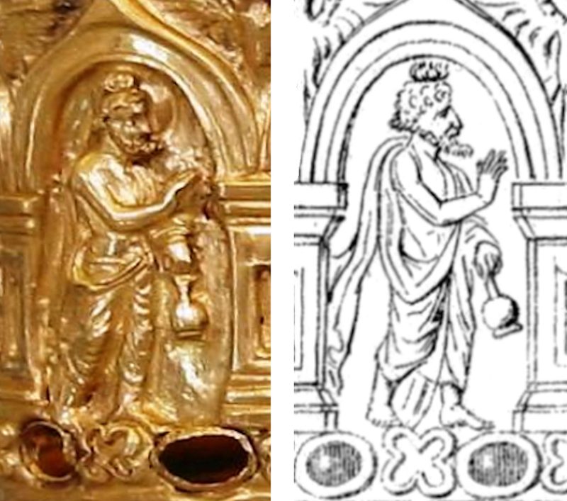 Detail of Brahmā on the Bimaran Casket along with a sketch.