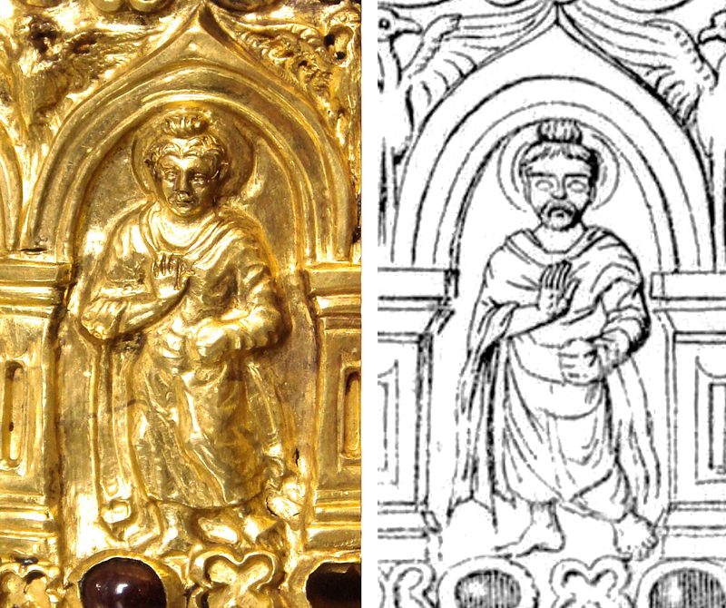 Detail of the Buddha on the Bimaran Casket along with a sketch.