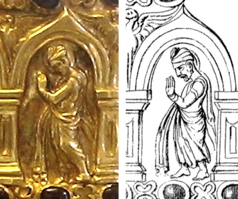 Detail of Śakra (Indra) on the Bimaran Casket along with a sketch.
