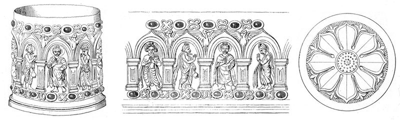 Bimaran casket illustrated by Charles Masson (volume, flattened view, and bottom), 1841.