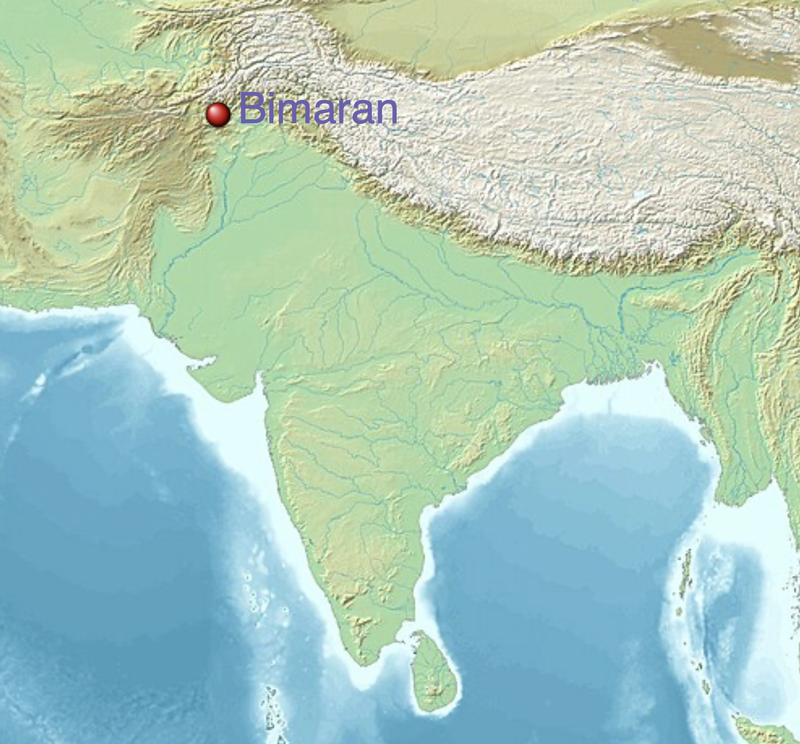 Map of the Indian subcontinent, with the location of Bimaran indicated by the red dot.
