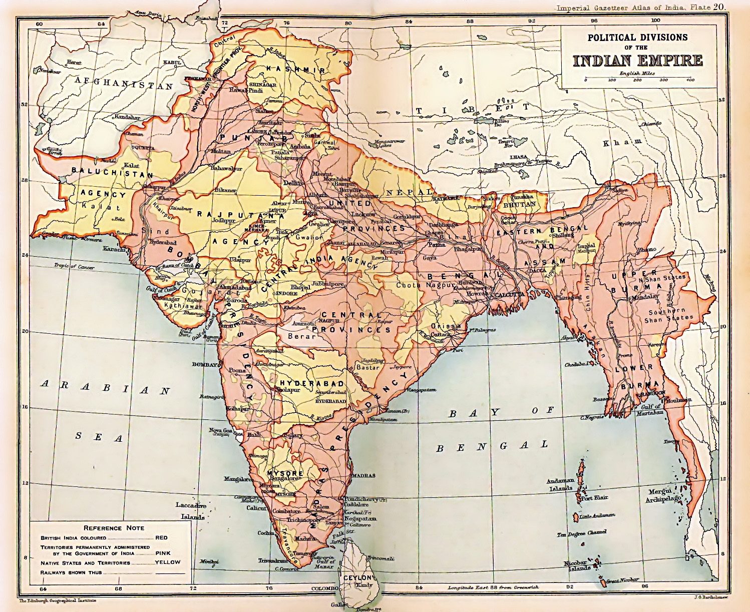 The British Raj was the colonial rule of the British Crown on the Indian subcontinent, lasting from 1858 to 1947. The map shows the political subdivisions of the British Raj in 1909. British India is shown in two shades of pink; Sikkim, Nepal, Bhutan, and the princely states are shown in yellow.