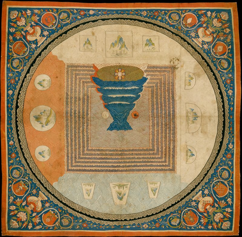 Mandala depicting Mount Meru as an inverted pyramid topped by a lotus, China, Yuan dynasty (1271–1368), silk tapestry.