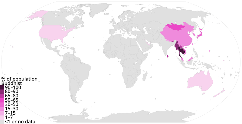 Today's spread of Buddhism worldwide (percentage of Buddhists by country).
