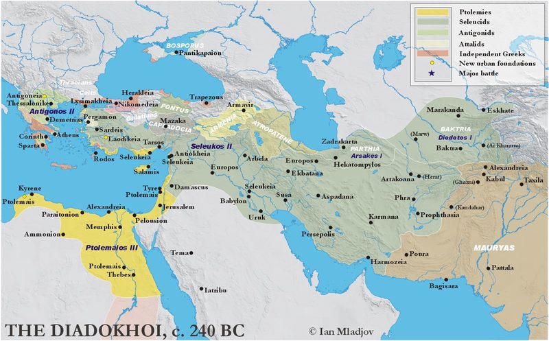 Hellenistic kingdoms as they existed in 240 BCE, eight decades after the death of Alexander the Great.