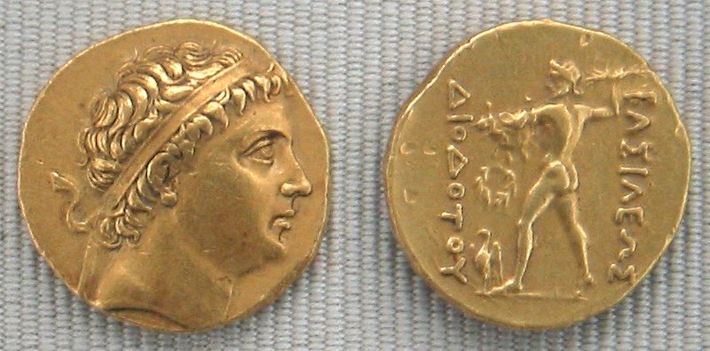 Gold coin of Diodotus c. 245 BC. The reverse shows Zeus standing, holding aegis and thunderbolt. The Greek inscription reads: ΒΑΣΙΛΕΩΣ ΔΙΟΔΟΤΟΥ, Basileōs Diodotou – '(of) King Diodotus'.