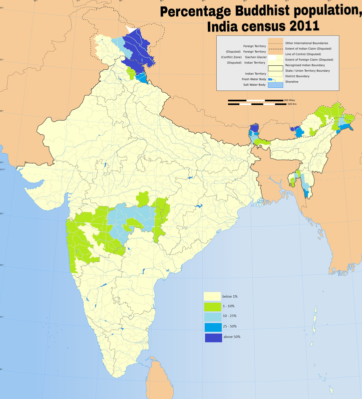 Today's distribution of Buddhism in India: District wise percentage of the Buddhist population according to the 2011 census.