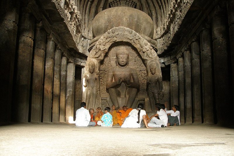 Devotees performing puja at one of the Buddhist Caves in Ellora.
