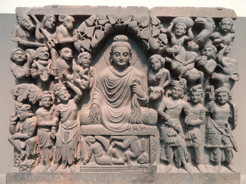 Panel from a relief series showing four scenes from the life of Siddhartha Gautama, here: enlightenment. Kushan dynasty, late 2nd to early 3rd century CE, Gandhara, schist.