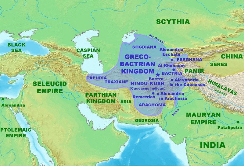 Map of the Greco-Bactrian Kingdom at its maximum extent, circa 180 BCE.