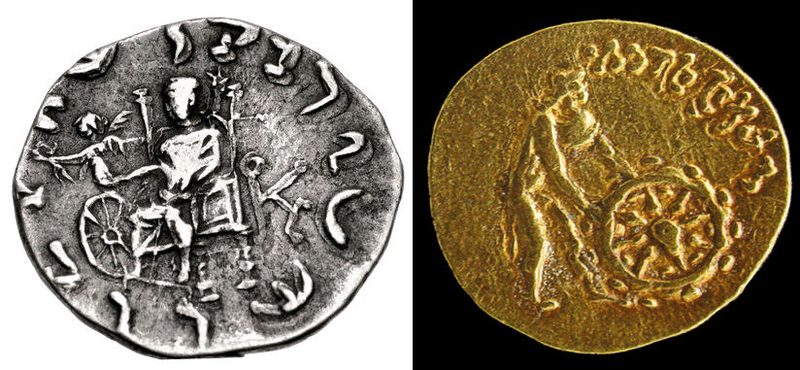 Greek Gods and the 'Wheel of the Law' or Dharmachakra: Left: Zeus holding Nike, who hands a victory wreath over a Dharmachakra (coin of Menander II). Right: Divinity wearing chlamys and petasus pushing a Dharmachakra, with legend 'He who sets in motion the Wheel of the Law' (Tillya Tepe Buddhist coin).