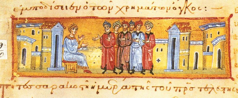 Saint Josaphat announcing his departure, Greek manuscript, Mt. Athos, 13th century.
