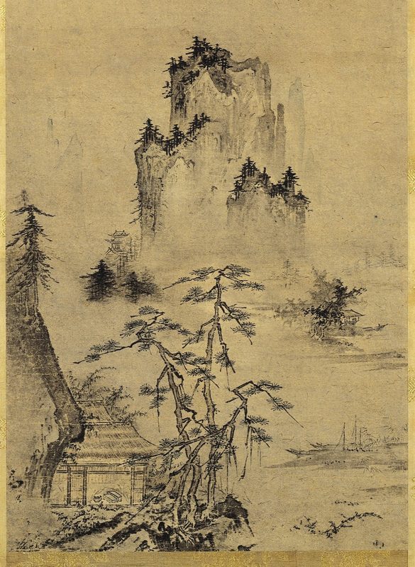 Landscape (紙本墨画淡彩山水図, shihon bokuga tansai sansuizu), hanging scroll, 108 cm x 32.7 cm, ink and light color on paper.