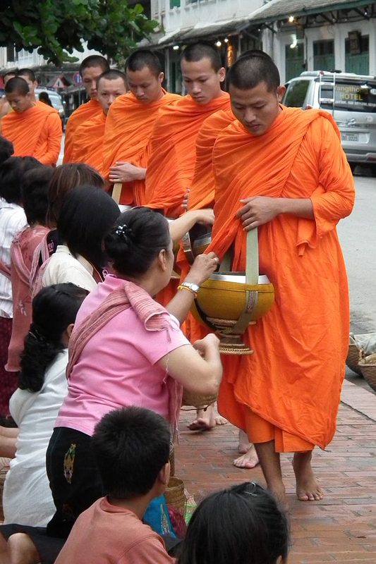 Monks on alms round in Luang Prabang, Laos, receiving offerings from lay devotees at dawn.