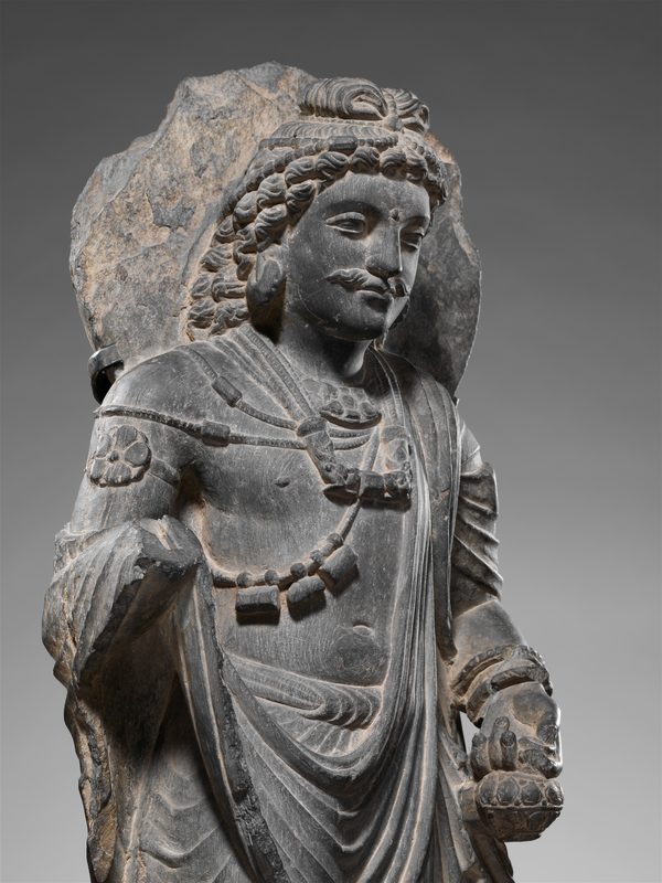 Maitreya, Gandhara-style schist statue, c. 3rd century, Gandhara (today Pakistan).