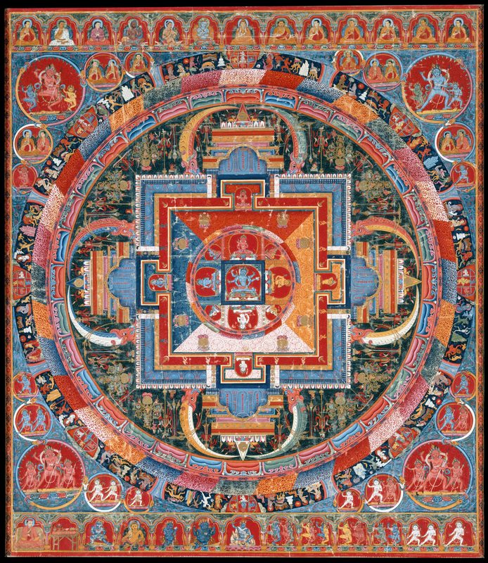 Mandala of the six-armed goddess Jnanadakini, surrounded by eight emanations — representations of the devi that correspond to the colors of the mandala's four directional quadrants, Tibet, late 14th century.