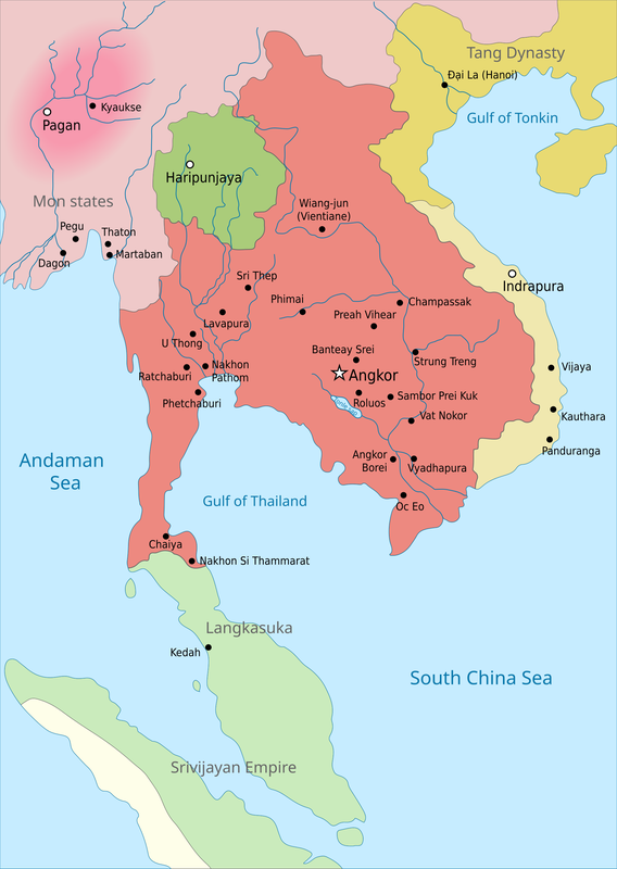Map of the Khmer Empire (in red) in 900 CE.