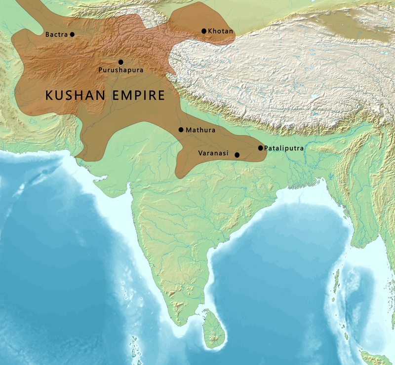 A map of India in the 2nd century CE showing the extent of the Kushan Empire (in brown) during the reign of Kanishka.