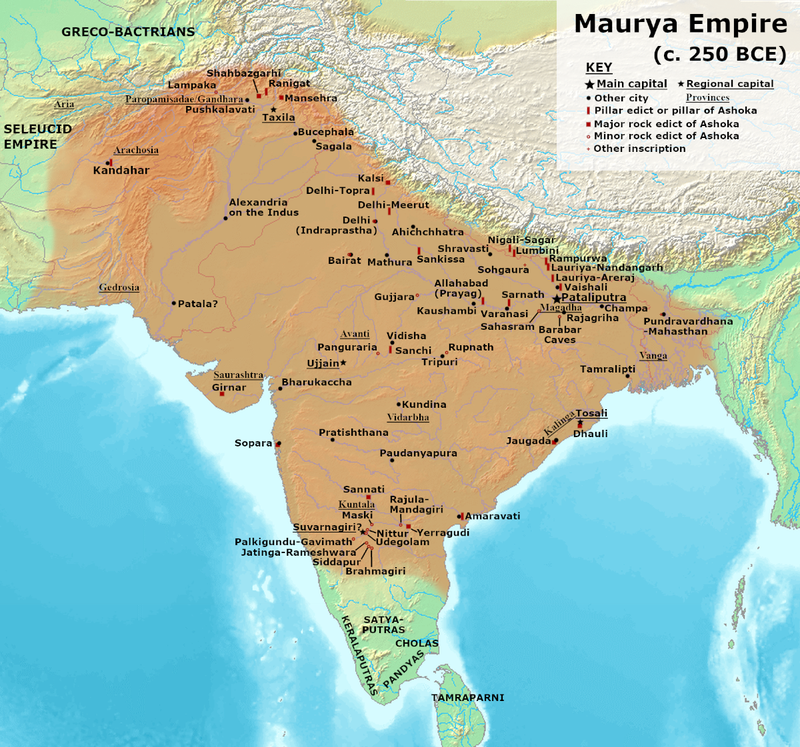 Traditional depiction of the Maurya Empire under Aśoka as a solid mass of Maurya-controlled territory.