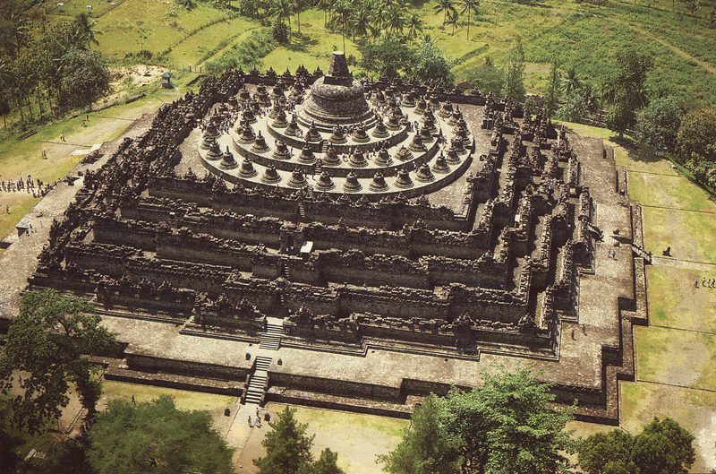 Aerial view of Borobudur shows the step pyramid and mandala plan.