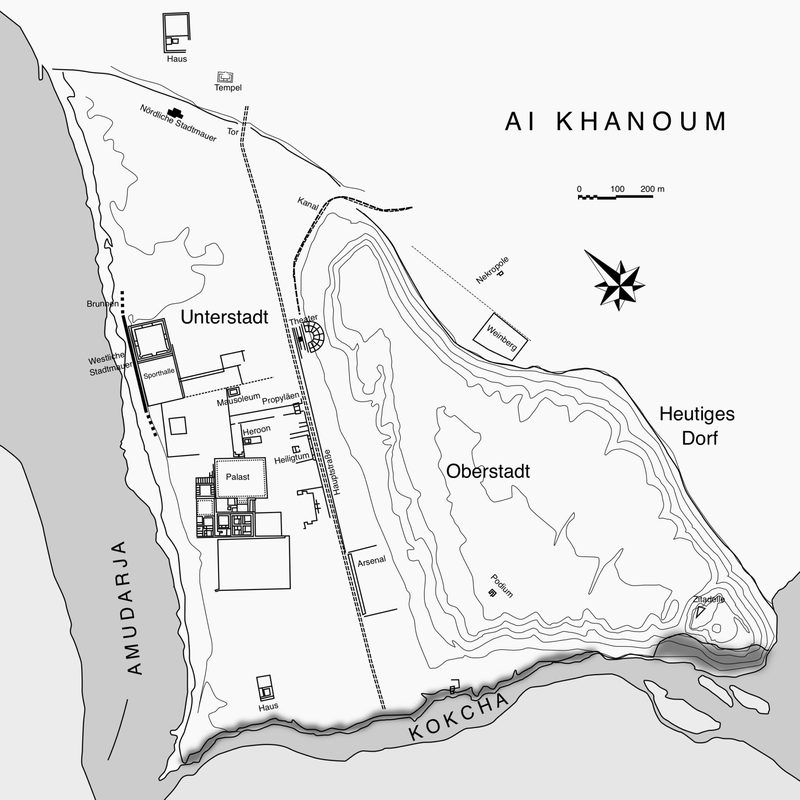 Map showing the layout of Ai-Khanoum, with the palace complex, gymnasium, and temples.