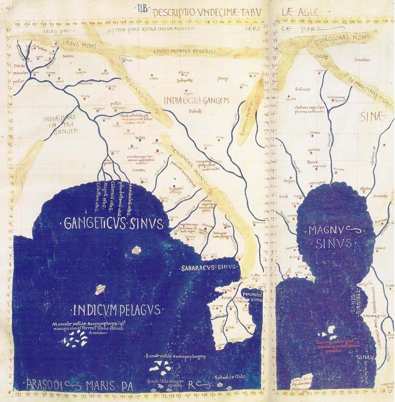 Detail of Asia in the Ptolemy world map. The 'Menander Mons' are in the center of the map, at the east of the Indian subcontinent, right above the Malaysian Peninsula.
