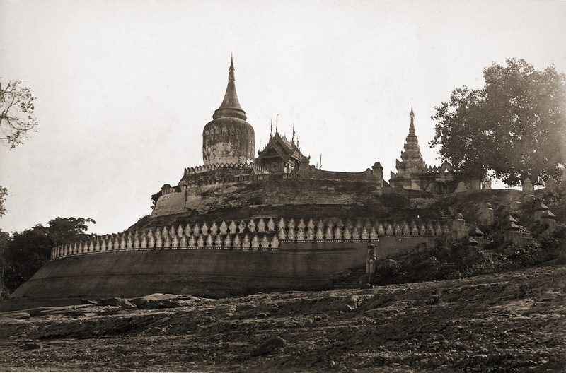 The original Bupaya seen here in 1868 was completely destroyed by the 1975 earthquake. A new gilded pagoda in the original shape has been rebuilt.
