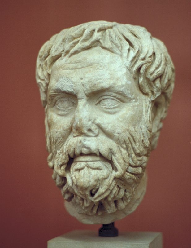 Pyrrho of Elis, marble head, early Roman copy, 2nd century BCE. Bronze Greek original was from the 4th century BCE.