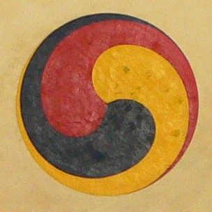 The gankyil (Tibetan) or “wheel of joy” is a symbol and ritual tool used in Tibetan and East Asian Buddhism. It consists of three whirling and interconnected blades. It often constitutes the wheel hub in the Dharma Wheel (dharmachakra), symbolizing the Three Marks of Existence.