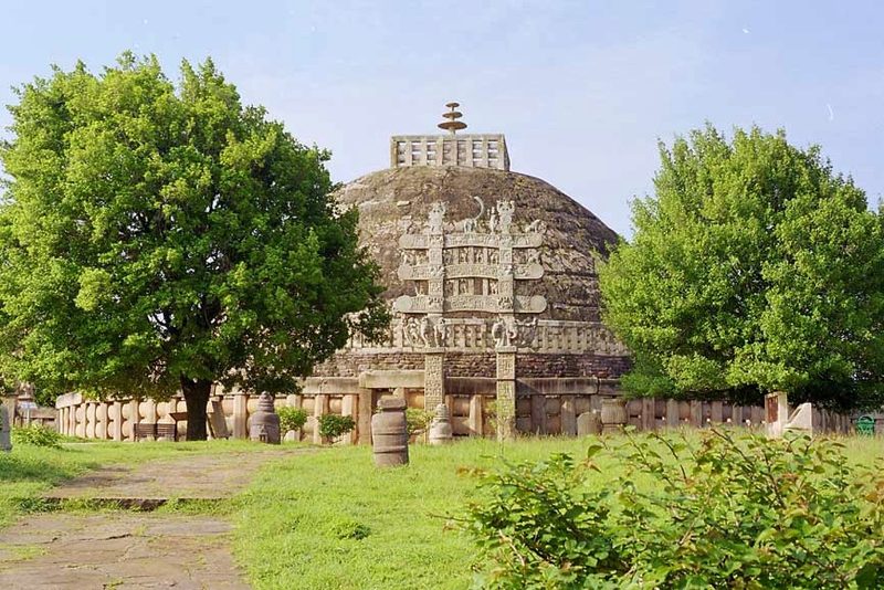 Stupa of Sanchi. The central stupa was built during the Mauryas, and enlarged during the Shungas, but the decorative gateway is dated to the later dynasty of the Satavahanas.