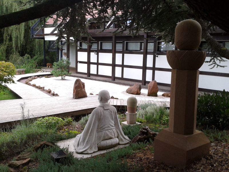 Sculpture of Zen master Taisen Deshimaru in the Zen garden of Kosan Ryumon-ji in Weiterswiller in France.