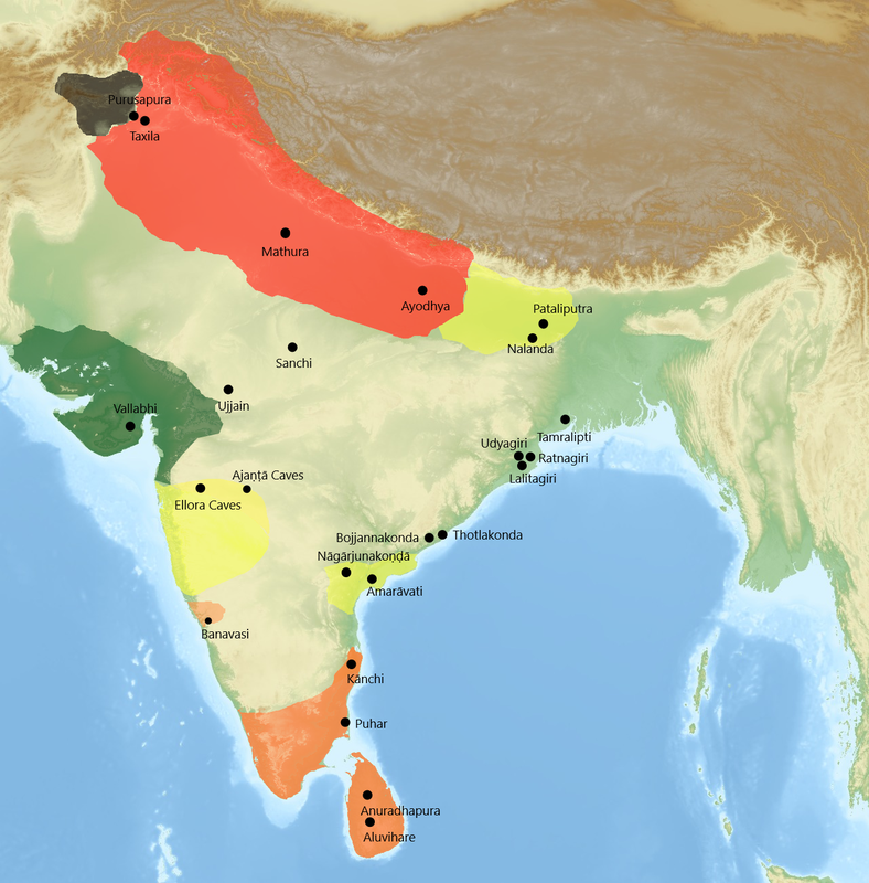 Map of the major geographical centers of major Buddhist schools in South Asia, at around the time of Xuanzang's visit in the 7th century CE.