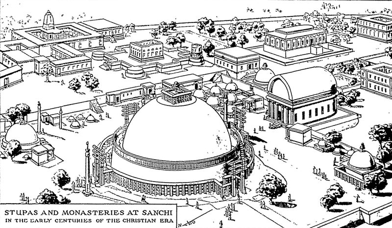 Stupas and monasteries at Sanchi in the early centuries of the Common Era. Reconstruction, 1900.