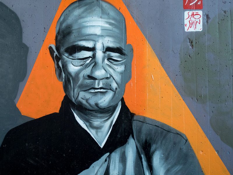 Sculpture of Zen master Taisen Deshimaru in the Zen garden of Kosan Ryumon-ji in Weiterswiller in France.