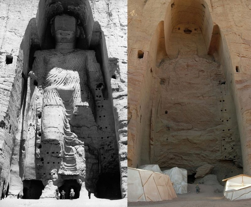 Bamiyan in Afghanistan, taller, 55 meter Buddha in 1963 and in 2008 after destruction.