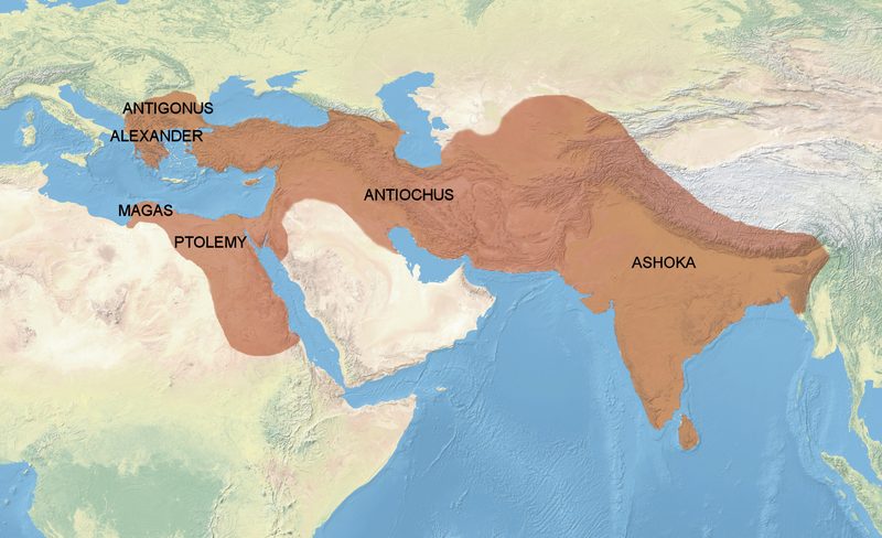 Territories 'conquered by the Dhamma' according to Major Rock Edict No.13 of Ashoka (260–218 BCE).