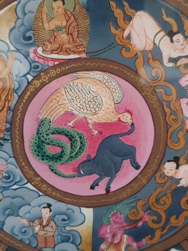 The Three Poisons depicted at the hub of bavacakra (Wheel of Life), from a thangka by ran Kumar lama.