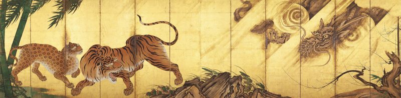 Pair of screens with a leopard, tiger and dragon by Kanō Sanraku, 17th century.