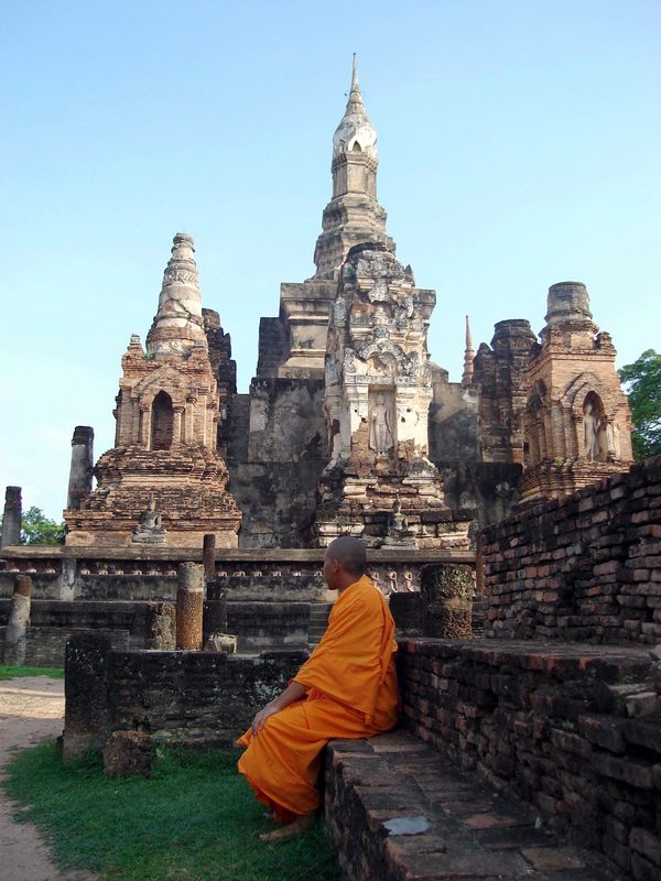 A stūpa representing Mount Meru, the center of the universe in Buddhist cosmology, at the temple complex of Wat Mahathat, Sukhothai, Thailand.