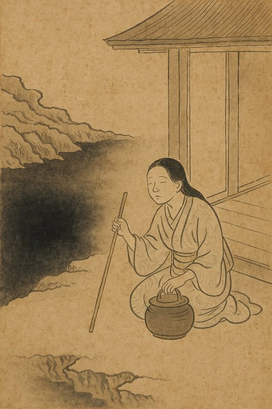 A blind woman with a walking stick and a pot, standing on the threshold of her home and reaching outward toward an unseen precipice.